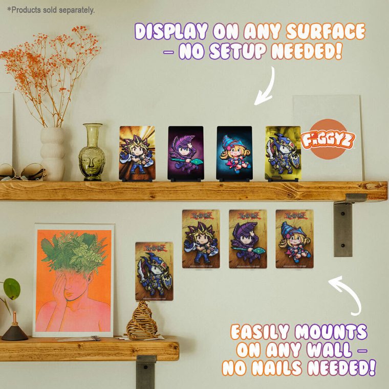 A row of FiGGYZ displayed along a wooden shelf